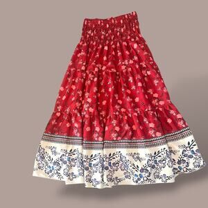 SHEIN Boho Smocked Retro Floral Ruffle Maxi Peasant Skirt - 6 Red white blue
